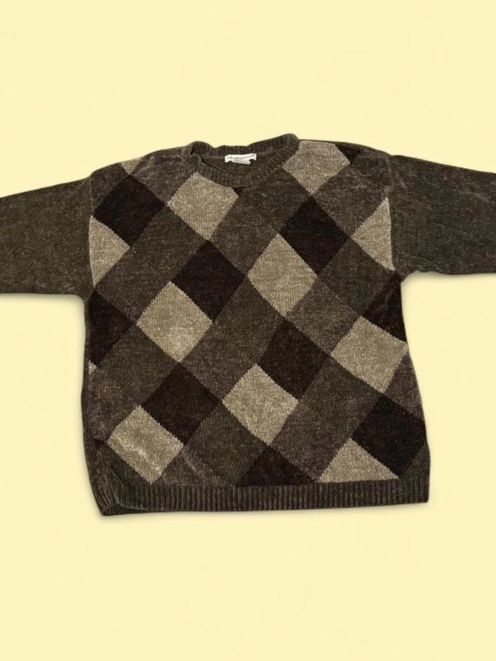 Vintage Knightsbridge Argyle Knit Sweater Brown Beige Black Medium
